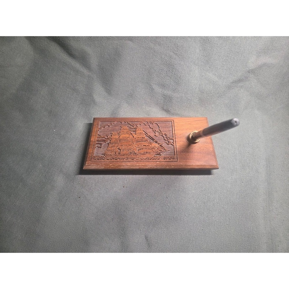 Lasercraft Genuine Walnut Laser Engraved Sailing Ship Desk Pen Holder Stand